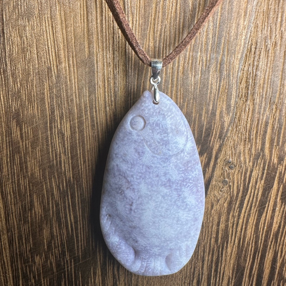 Ice Purple Coral Fossil Jade Fish Pendant Necklace on Brown Faux Suede - Picture 12 of 16